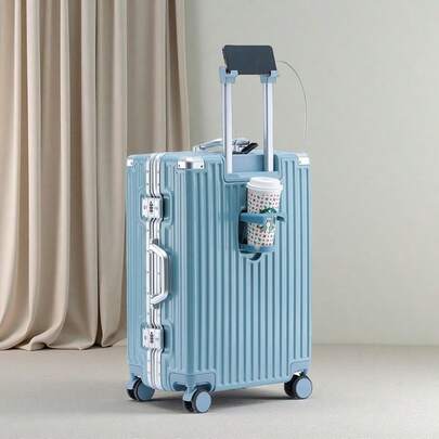 Luggage Set 20/24 Aluminum Frame Luggage Set With Cup Holder & Charge TSA Lock,Hardshell Zipperless Design Carry On And Checked Luggage Unisex (Model A – Black 20inch)