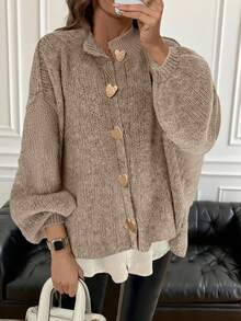 Freeform Autumn/Winter Women Plus Size Cardigan Sweater, Long Length, Fashion Minimalist Business Casual Commute Elegant Resort Warm High-End Versatile Slimming Victory Day Ladies Cute Top Korean Style - Khaki - View 2