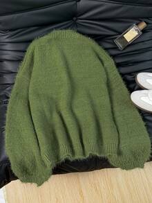 Vivid Style 女士柔软抓绒圆领套头衫，宽松柔软羊毛质感针织毛衣，街头风，圣诞节，圣诞毛衣，新年 - 綠色 - 查看 9