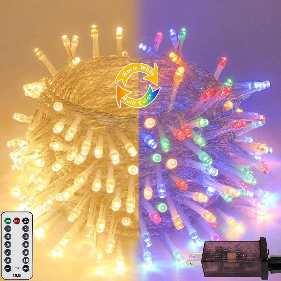240 LED 88 pies Luces de cadena conectables para interiores y exteriores, luces blancas cálidas con efecto de parpadeo, con temporizador, para dormitorio, aula, boda, árbol, patio y decoración - Blanco cálido ⇋ Multicolor + 240 LED - Ver 1