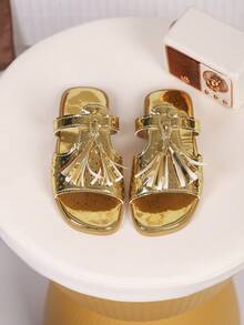 1双儿童流苏PU休闲时尚拖鞋，适合夏季穿着 - 金色 - 查看 3