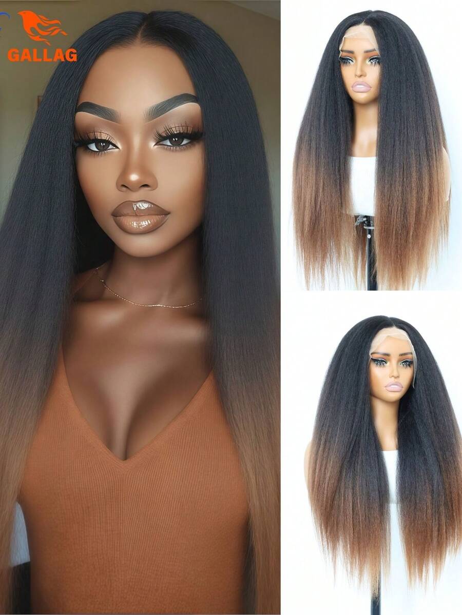 黑色Yaki直发合成蕾丝前假发，13x4蕾丝前假发，适合渐变染发，预挤压成型，24英寸自然色 - 間色 - 查看 1