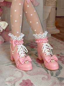 Platform Sweet Bow  Ankle Boots For Women Lace Goth Chunky Mid Heel Boots With Pearl Comfort Lace Up Princess Booties - 粉色 - 查看 1