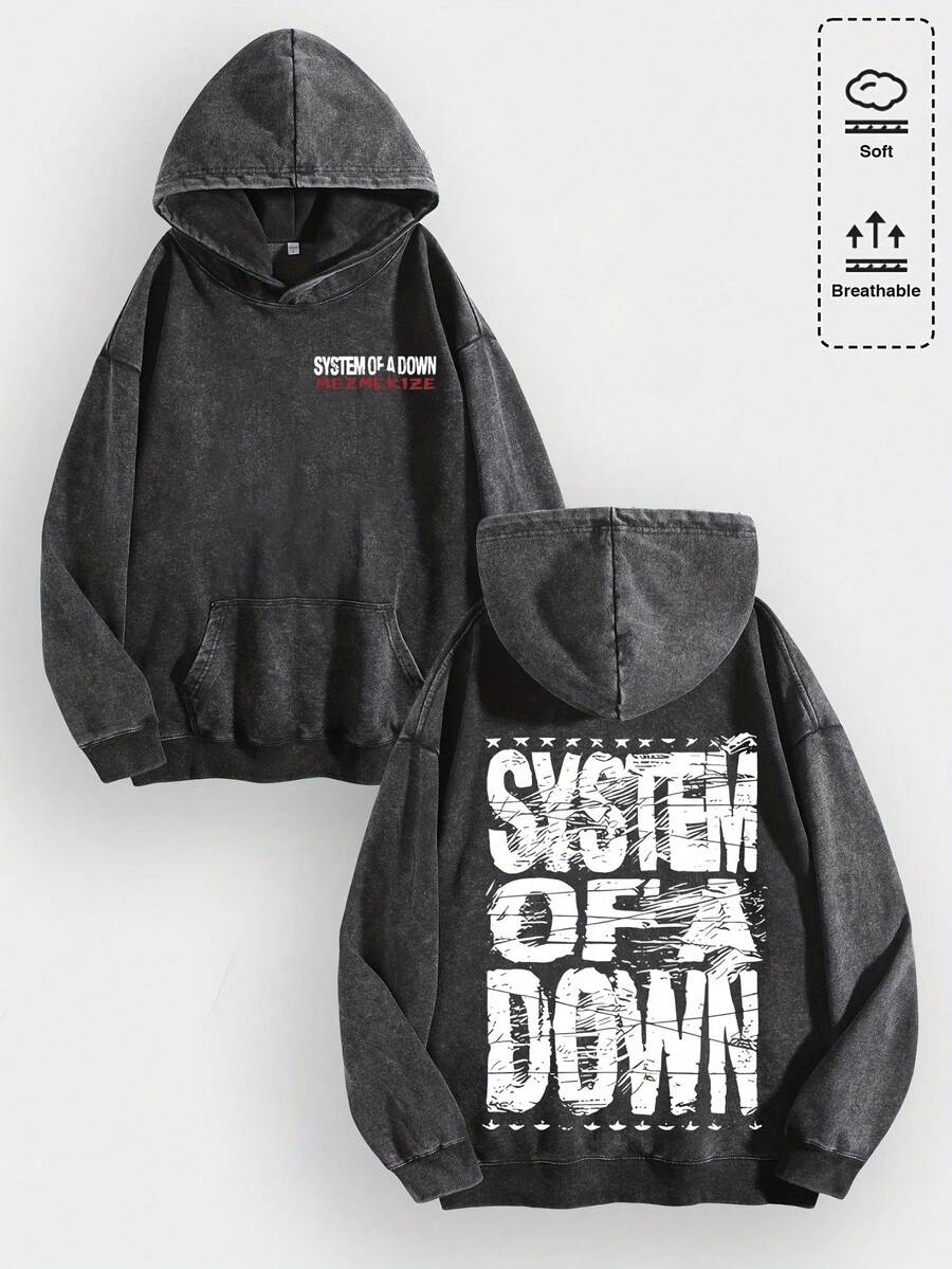 EWH Men's Hoodie Y2k "System Of A Down - Distressed Logo" Band Graphic Cotton Hoodie, Retro Casual Fashionable Daily Soft & Breathable Hoodies For Streetwear & Rock Music Enthusiasts Gifts Christmas Men Gifts Winter Clothes 010-AB - 黑色 - 查看 1
