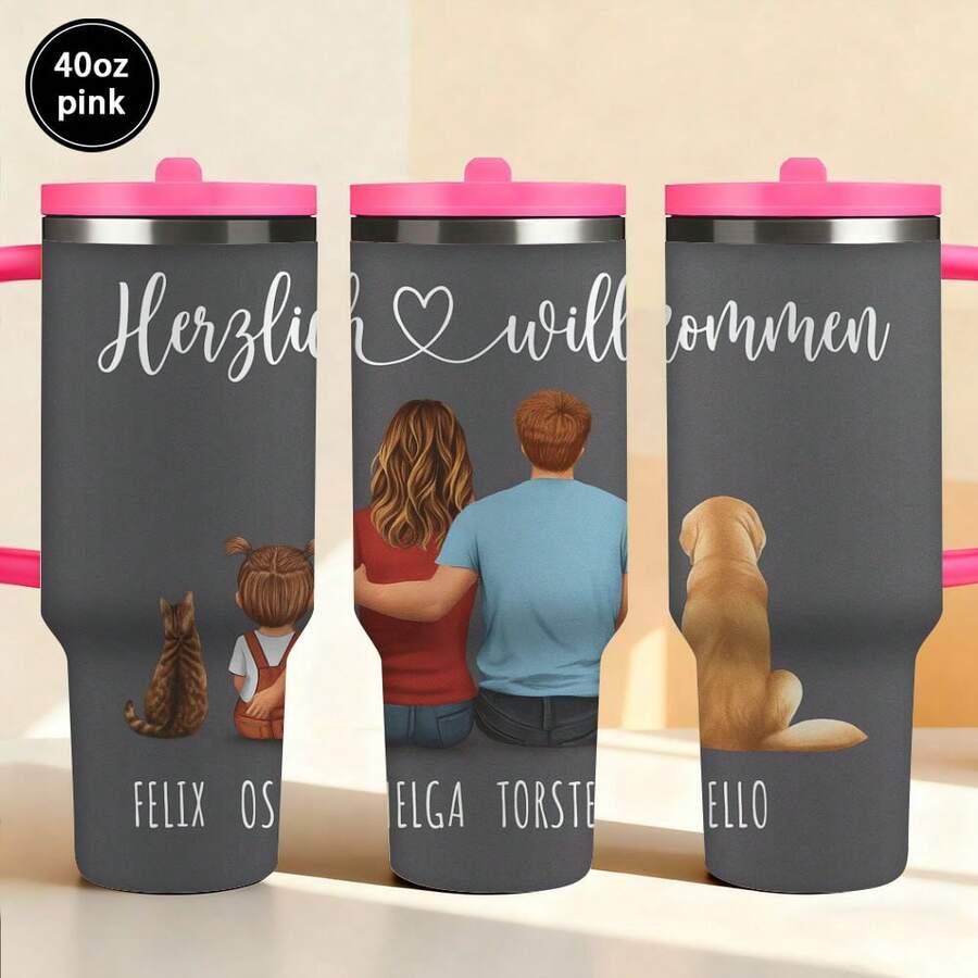 1pc 12oz/20oz/40oz Heartwarming Family Tumbler With Lid And Straw, Winter Insulated Travel Mug, Gift For Women Men, Ideal For Christmas, Memorial, Christmas, Birthday Gift, Iced/Hot Coffee Cup For Office - 40盎司粉紅色 - 查看 1