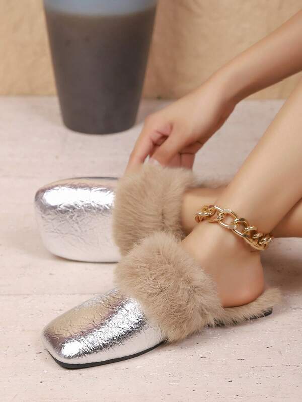 Mules femme, design patchwork à bout carré, pantoufles plates chaudes et confortables, simples et discrètes, mules d'extérieur douces