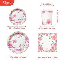 1 set di piatti, tovaglioli e bicchieri usa e getta rosa con rose, per 16 ospiti, adatto per compleanni, matrimoni, feste e picnic in famiglia - Multicolore - Visualizzare 2