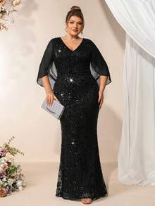 Plus Size Women Elegant Pleated Sequin Formal Mermaid Party Dress, Prom Dress, Wedding Guest Dress, Graduation Ceremony Dress, Evening Gown,Dinner