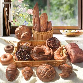 1-Pack,3 Packs, Simulated Chocolate Bread Baguette Croissant Collection, Waffle Bagel PU Material European Soda Bread Model French Baguette Pastry Toast Bag Holiday Party Supplies Photography Fake Bread Props