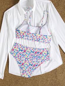 wohenmeili 休闲花卉印花高腰吊带比基尼套装，带十字交叉露背细节，高弹力两件套泳衣 - 白底藍黃粉 - 查看 10