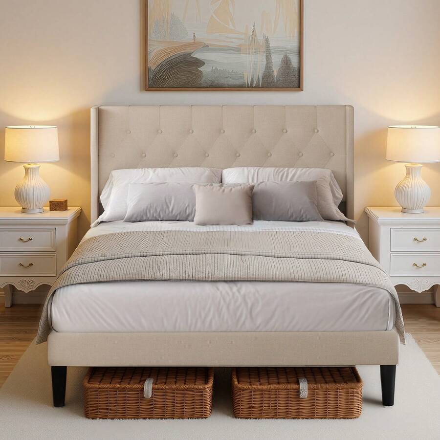 Double Bed Base, Full Size And Queen Size Headboard Base, Footboard With Tufted Wings, Wooden Slat Support, No Box Spring Needed, Gray - 杏色 - 查看 1