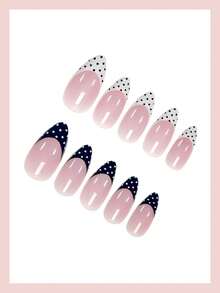 24pcs Medium Almond-Shaped Black & White Polka Dot Nail Stickers, Minimalist Design, Full Coverage, Suitable For Women And Girls Daily Wear - Multicolor - View 3