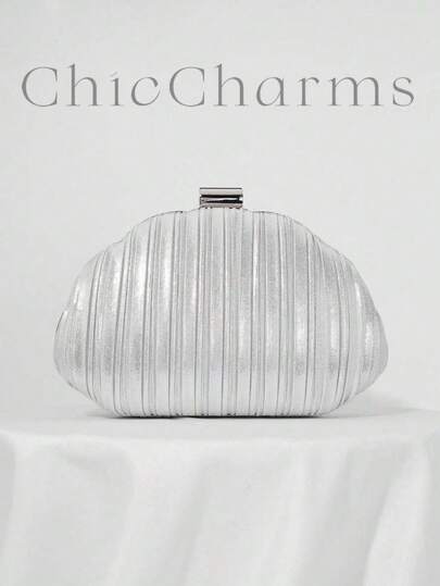 褶皱缎面盒式晚宴手包、宴会包、礼服包、舞会手提包，配有链条肩带