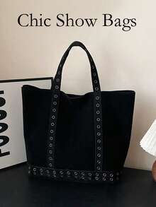 Niche Design Temperament Rivet Tote Bags Large Capacity Suede Fashionable Versatile Casual Shoulder Armpit Bag - Black - View 2