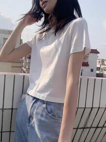 Short Sleeve T-Shirt, Solid Color, New Summer Style, Slim Fit, Versatile, Round Neck Top Casual White - White - View 4