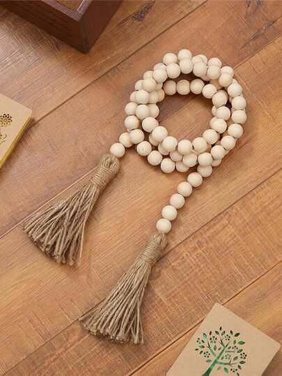 1pc 16mm Rustic Wooden Beads 58 Inches Long, Garland With Jute Tassels Farmhouse Vintage Decors, Festive Table & Living Room Handcrafted Home Ornaments Accessories