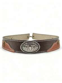 1pc Unisex Polyester Cow Print Cowboy Hat - Three-Dimensional Aged Silver Retro Bull Head Badge, Plain Copper Cross-Rivet Double Straps, Suitable For Horseback Riding, Outdoor Travel, Cowboy Parties And Daily Wear - Badge Bull Head Cow Hat - View 7