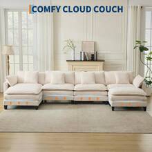 3-Seater Modular Sectional Sofa With 2 Ottomans, Corduroy Deep Seat Couch, Double Layer Cushion, Plush Backrest & Armrest Pillow, Cozy Cloud Couch For Living Room Apartment  146.5" L Modular Sectional Sofa With Ottoman, Corduroy Cloud Couch U-Shaped, Deep Seat Comfy Couch For Living Room, Movable Ottoman & Pillows  112 In U Modular Sectional Sofa, Corduroy Cloud Couch With Movable Ottoman & Throw Pillows, Modern L/U-Shaped Sofa, Comfy Deep Seat Couch For Living Rooms, Offices, Bedroom And Apartment - Màu be-146,5"-Hình chữ U 4 chỗ ngồi - Xem 4