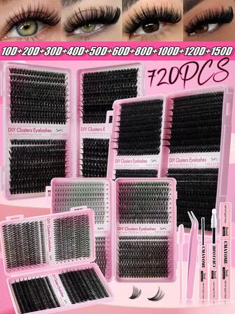 CMAYOME 720/648 delar limkit för syntetiska ögonfransar, D-Curl set med syntetiska ögonfransförlängningar, inkluderar 10D + 20D + 30D + 40D + 50D + 60D + 80D + 100D + 120D + 150D, blandade längder från 9 mm till 18 mm, fluffiga syntetiska ögonfransar. Lätta, mjuka, fluffiga franskluster, klusterdesign.