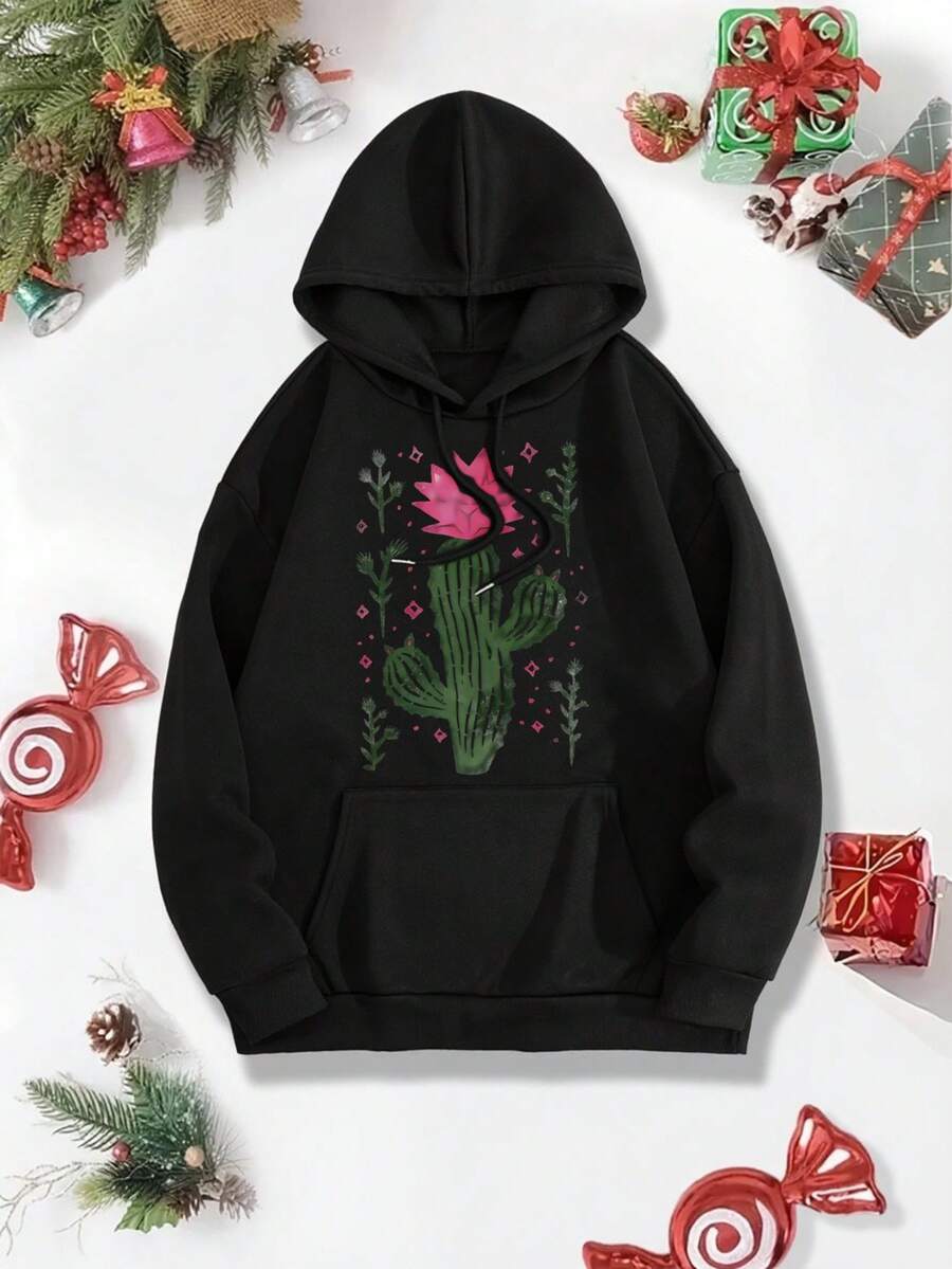 Cactus Flower Pink Green Pattern Print Design Women's Casual Printed Hoodie Christmas Clothes Women's Sweatshirt Unisex Pullover Sweatshirt Autumn/Winter - 黑色 - 查看 1