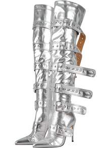 Multi Buckle Strap Over The Knee Pointed Toe Belts Stiletto Heeled Booty Thigh HighChristmas - Perak - View 1