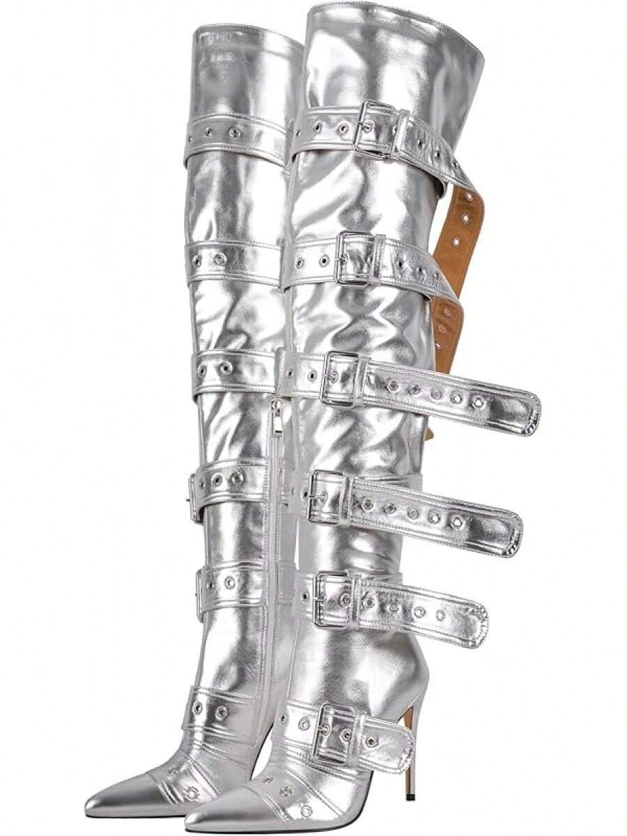 Multi Buckle Strap Over The Knee Pointed Toe Belts Stiletto Heeled Booty Thigh HighChristmas - Perak - View 1