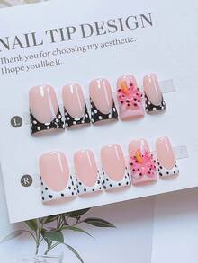 10片装Y2K风鸭嘴美甲套装 - 手工制作，粉色美甲，黑白法式甲片，手工3D花朵（黄色3D花芯），3D花朵设计装饰，手绘黑白波点法式甲片，闪亮波点美甲 - 适合女性和女孩，派对、婚礼、日常佩戴，DIY美甲，美甲套装，包含工具包。鸭嘴美甲。手工亚克力美甲。假指甲。美甲用品 - 彩色 - 查看 2