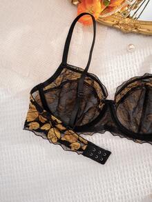 1 Conjunto de lencería de mujer con taza fina con aros, parches de encaje y unicolor, cómodo - Negro - Ver 5