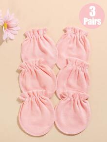 3 Pairs Newborn Anti-Scratch Mittens - Soft Scratch Mittens, Essential For Baby Daily Care - Pink - View 1