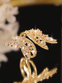 1枚时尚精致大叶形开口立方氧化锆订婚戒指，金色，适合女性，结婚周年纪念派对珠宝礼物 - 金黃色 - 查看 7