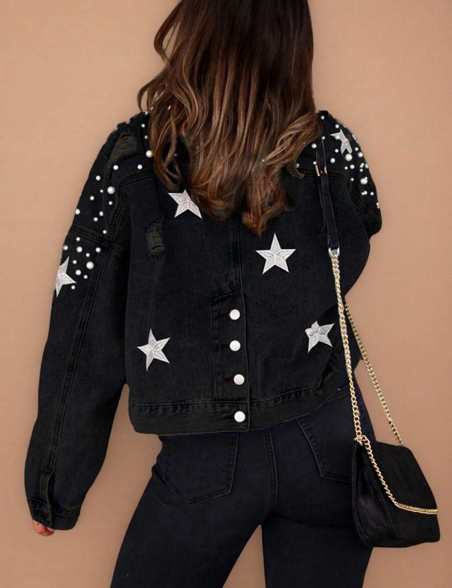 Womens Cropped Pearls Beading Jean Jacket Ripped Star Embroidered Denim Jacket Coat - Black - View 1