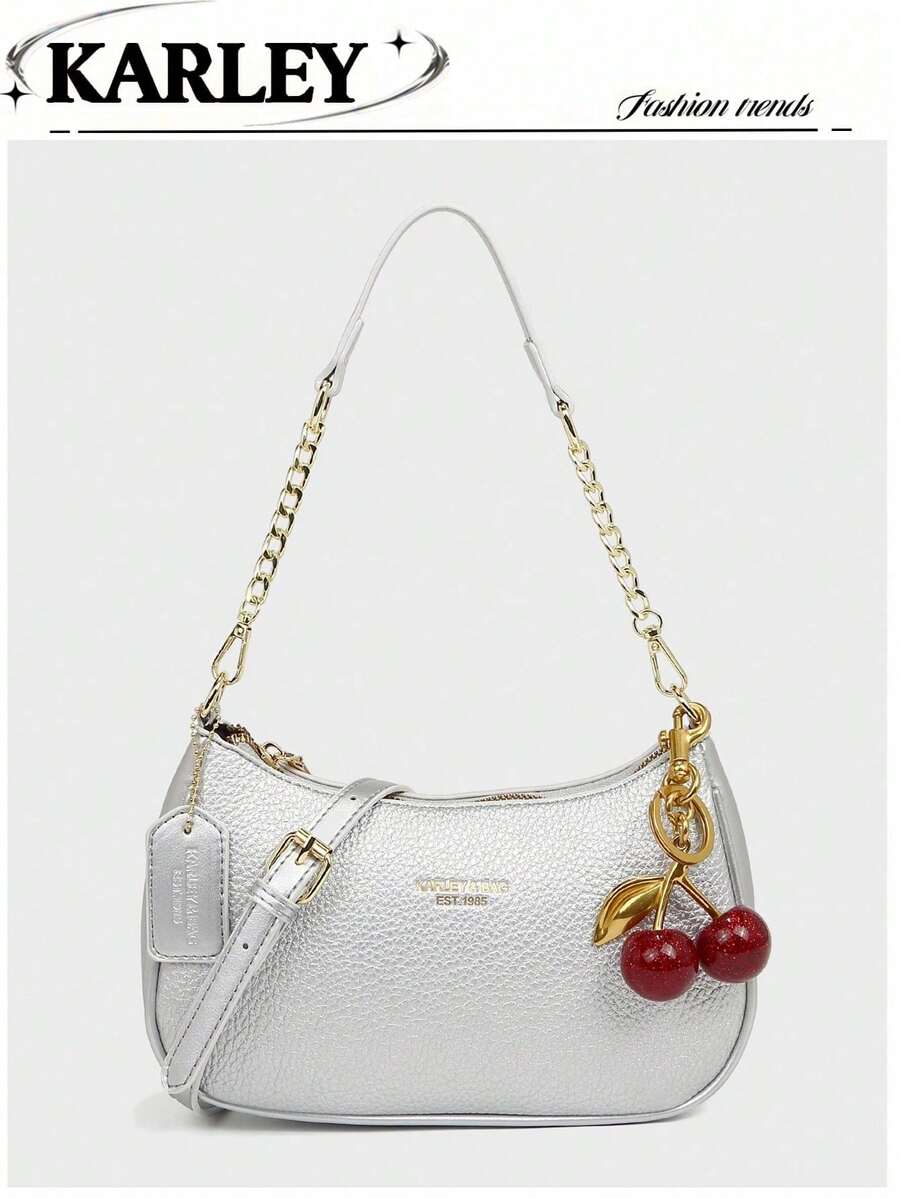 2025新款时尚经典百搭字母图案纯色PU皮革新月形单肩/腋下包，Y2K风格单肩/腋下包，适合购物，可斜挎 - 銀色 - 查看 1