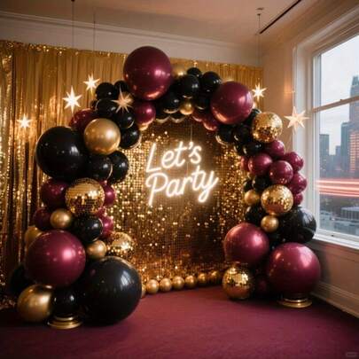 Gold Metal Balloon Arch & Wreath Set, Suitable For Valentine's Day, Baby Shower, Bridal Shower, Wedding, Birthday Party Decor, Available In Multiple Sizes; Burgundy, Gold And Black Balloon Wreath Set, Also Suitable For Bachelorette Party Decor