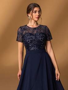 Faeriesty Mosy 女士刺绣短袖亮片撞色雪纺正式派对礼服及新娘母亲礼服，适合晚宴、宴会、婚礼及红毯活动 - 藏蓝色 - 查看 8