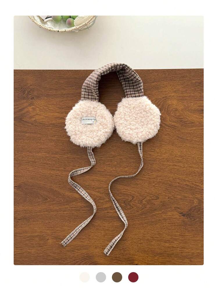 复古格子羊毛耳罩，女士保暖防风耳罩，复古格纹抓绒耳罩，加厚保暖系带骑行耳罩，秋冬围巾式耳罩，多功能装饰耳罩，女士冬季服装 - 亮絲拼色條紋 - 查看 9