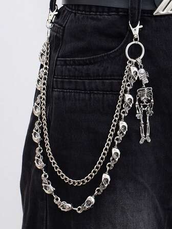 1 pieza Pantalón largo con cadena y empalme de calavera estilo gótico retro exagerado, moda hip hop, festival, fiesta, uso diario casual, sesión fotográfica callejera, carnaval nocturno, regalo de fiesta de cumpleaños para hombres/parejas, joya versátil y encantadora
