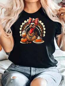 Cotton Women's Thanksgiving Turkey Day Tee With Coffee Bow And Turkey Design - Black - View 6