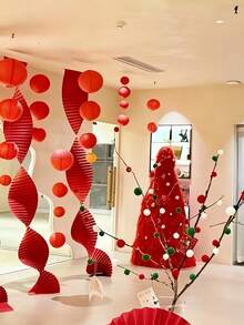 5件套情人节婚礼天花板装饰红色瓦楞纸花环，红色蜂窝球，适用于婚礼、新年派对装饰、婚房庆典墙面装饰、客厅卧室中式婚礼装饰、房间装饰