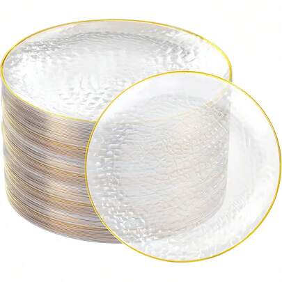 1/4/7/12/25pcs Transparent Plates With Gold Rim, Hammered Design Elegant Dinnerware, Heavy Duty Gold Chargers, Hammered Party Plates; Includes 7.5-Inch Dessert Plates And 10.25-Inch Dinner Plates. Suitable For Daily Dinner, Family Gathering, Wedding, Birthday, Holiday, Baby Shower, New Year, Picnic & Camping