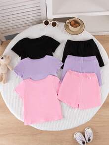 3pcs Baby Girl Cute Heart & Letter Print Short Sleeve Top And Matching Heart Print Shorts Set, Versatile For Commuting, School, Daily, Vacation, Outdoor - Black - View 2