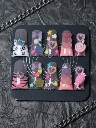 CrystalHola 10 piezas de calcomanías de uñas con forma de pico de pato con tema navideño, hechas a mano, de colores divertidos y de dopamina, con accesorios de dibujos animados, estampado de leopardo y rayas pintados a mano, diseño de cobertura total, removibles y reutilizables, duraderas, arte de uñas de verano único, accesorio de moda esencial para fiestas y bodas.