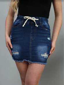 Women's Ripped Elastic Waist Fitted Denim  Skirt - Rửa tối - Xem 6