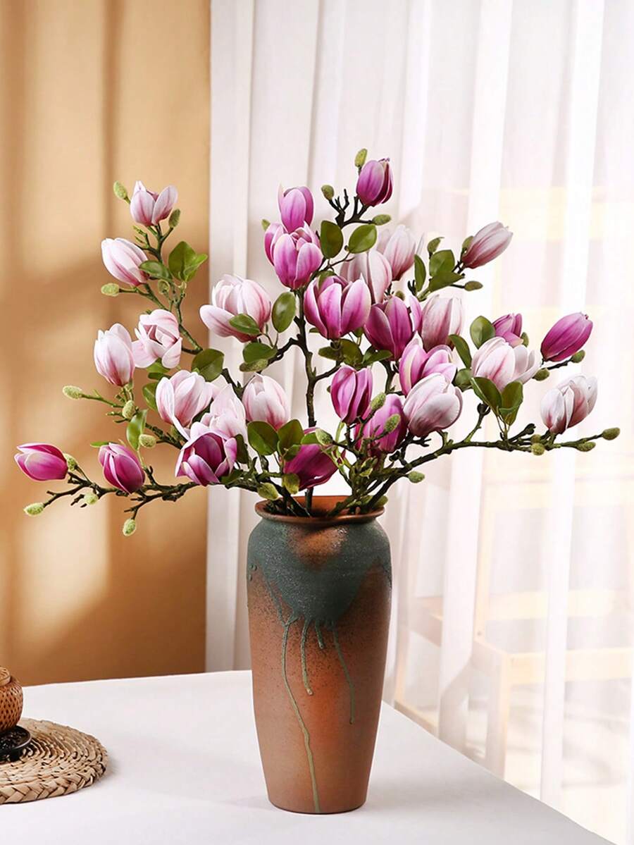 1束65厘米人造水仙木兰花，适用于花瓶、家居客厅、婚礼餐桌装饰、中心摆件，浪漫主题，仿真植物，秋季装饰，房间、书桌、花园装饰，房间装饰用品 - 彩色 - 查看 1