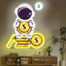 Astronaut Neon, USB Powered Dimmable LED Light, Suitable For Home Wall Decoration, Home Desktop Decoration, Shops, Game Rooms, Bars, Birthdays,  Promotions - Phi hành gia cầm tiền - Trắng + vàng chanh 35,5*30,5cm - Xem 2