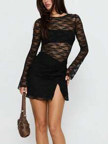 Sexy & Fashionable Round Neck Semi-Sheer Lace Long Sleeve Slit Mini Dress, Suitable For Spring/Summer - Black - View 8