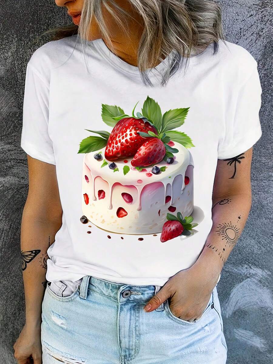 Camiseta Gráfica De Pastel De Fresa En Color Gris Claro Para Mujer - Estilo Y2K, Camiseta Casual Para Amantes Del Postre, Tejido Suave Y Elástico Medio, Lavable A Máquina, Regalo Perfecto Para Aficionados A La Repostería - Blanco - Ver 1