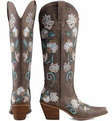 Women's Western Cowboy Boots Knee High, Floral Embroidered Vintage Cowgirl Boots With Pointed Toe & Chunky Heel, Pull-On Tabs For Country Style, Concert, Party And Daily WearChristmas - 熱情勃根地花卉 - 查看 4