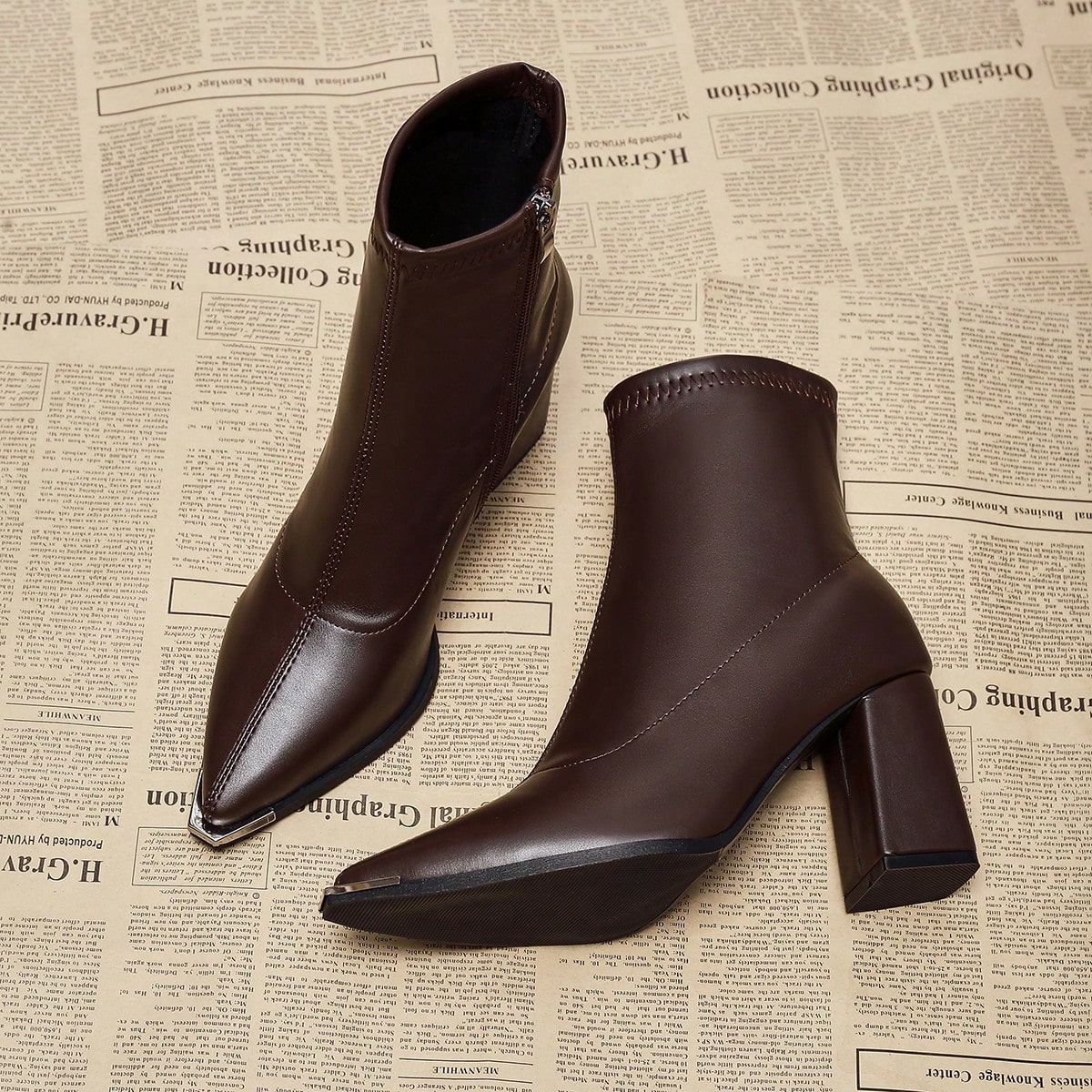 Nuevas botas de tobillo de tacón grueso con puntera puntiaguda de alta gama para mujer, elegantes botas de tobillo francesas estilizadas para el oto?