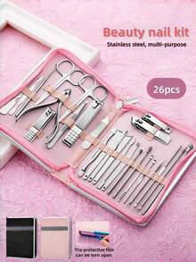 26 piezas Kit de herramientas de manicura de acero inoxidable premium, incluye lima de uñas recta, cucharilla para oídos y tijeras - Juego de belleza profesional de estilo moderno para viajes - Rosa - Ver 7