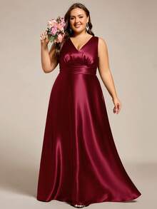 EVERPRETTY 优雅V领无袖缎面酒红色长款伴娘礼服，适合婚礼、半正式派对、婚礼宾客、鸡尾酒会及其他场合。 - 酒紅色 - 查看 3